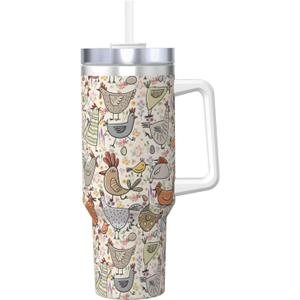 Chicken Gifts for Women 40Oz Chicken Tumbler Chicken Stuff For Chicken Lovers Stainless Steel Insulated Cute Bottle Cup Mug for Hot or Cold Drinks Mother's Day Birthday Gifts for Women Men Mom, Beige