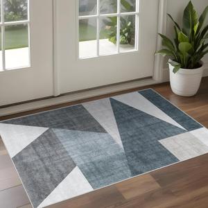 Washable Modern Area Rug: 2x3 Geometric Area Rugs for Entryway Small Mat for Kitchen with Non-Slip Backing Indoor Bedroom Door Mat for Bathroom Floor Blue Grey 2'x3'.
