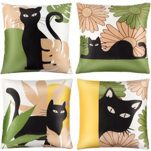 Black Cat Pillow Covers, 4PCS Super Soft Short Velvet Cushion Covers with Double-Sided Print, Cozy Home Decor for Cat Lovers, Perfect for Sofa, Bedroom, Couch & Outdoor Use (18x18 Inch)