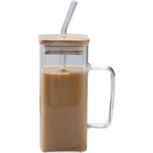 Glass Mug with Lid and Straw Iced Coffee Cup with Handle Square Drinking Glasses Tumbler Cups for Smoothie Juice (Clear)