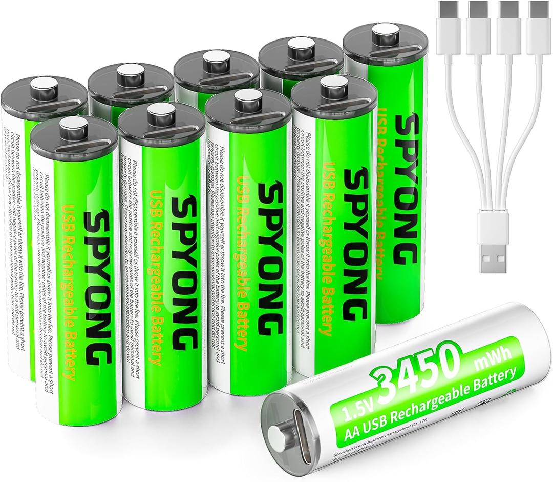 10 Pack Rechargable AA Lithium Batteries with Fast Charger Cable, 3450mWh aa Batteries Lithium 1.5V Constant Output Lithium ion Output Li-ion Double a Batteries Cycle Times up to 1500x