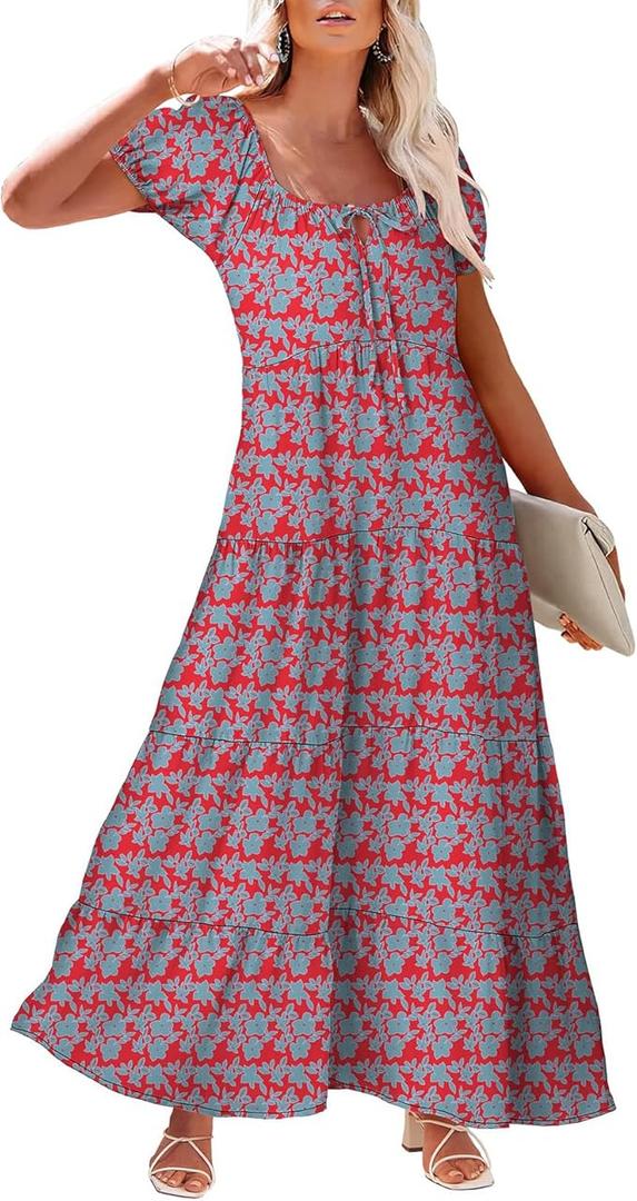 Women's Boho Maxi Dresses Floral Short Sleeve Dresses Summer Casual Flowy Swing Sundress Loose Beach Dress XL