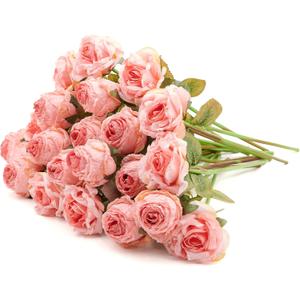 Rose Artificial Flower 12pcs Realistic Faux Silk Roses Fake Flowers Bouquets Arrangements Decor for Wedding Spring Mother's Day, Home Table Decorations, Pink Flower