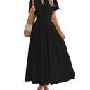 BTFBM Womens Summer 2025 Casual Midi Maxi Dresses Lightweight Short Sleeve V Neck Elastic Waist Boho Beach Dress Pockets(Black, Medium)