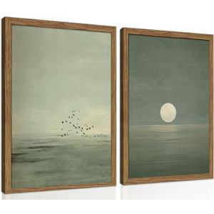 Framed Japanese Zen Wall Art Set of 2, Minimalist Sage Green Flying Duck Canvas Wall Decor Paintings, Modern Sunset Landscape Artwork Prints Picture for Living Room Bedroom Bathroom 16x24 Inch