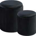 Round Set of 2 Ottoman with Storage-Upholstered Velvet Vanity Stool for Makeup Multifunctional Ottomans Coffee Table Padded Seat Foot Rest for Living Room&Bedroom (Black)