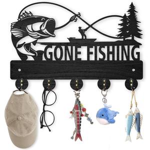 MAYJOYDIY Wood Fish Coat Rack, 5 Alloy Hooks, Wall Mounted, 11.8x8inch, Fishing Theme, Art Deco Style, Hallway Entryway Kitchen Gift