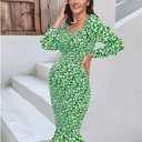 Maternity Fall Floral Midi Bodycon Dresses, Long Puff Sleeve Square Neck Ruffle Hem Mermaid Baby Shower Dress Bright Green S (Green, S)