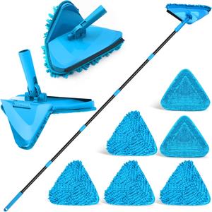 NEWE Wall Mop Cleaner with 80 inches Long Handle, 180 Folding Ceiling Cleaning Tool with Squeegee for Washing Painted Walls, Triangle Baseboard Scrubber with 4 Chenille Duster and 2 Microfiber Pads (Blue)