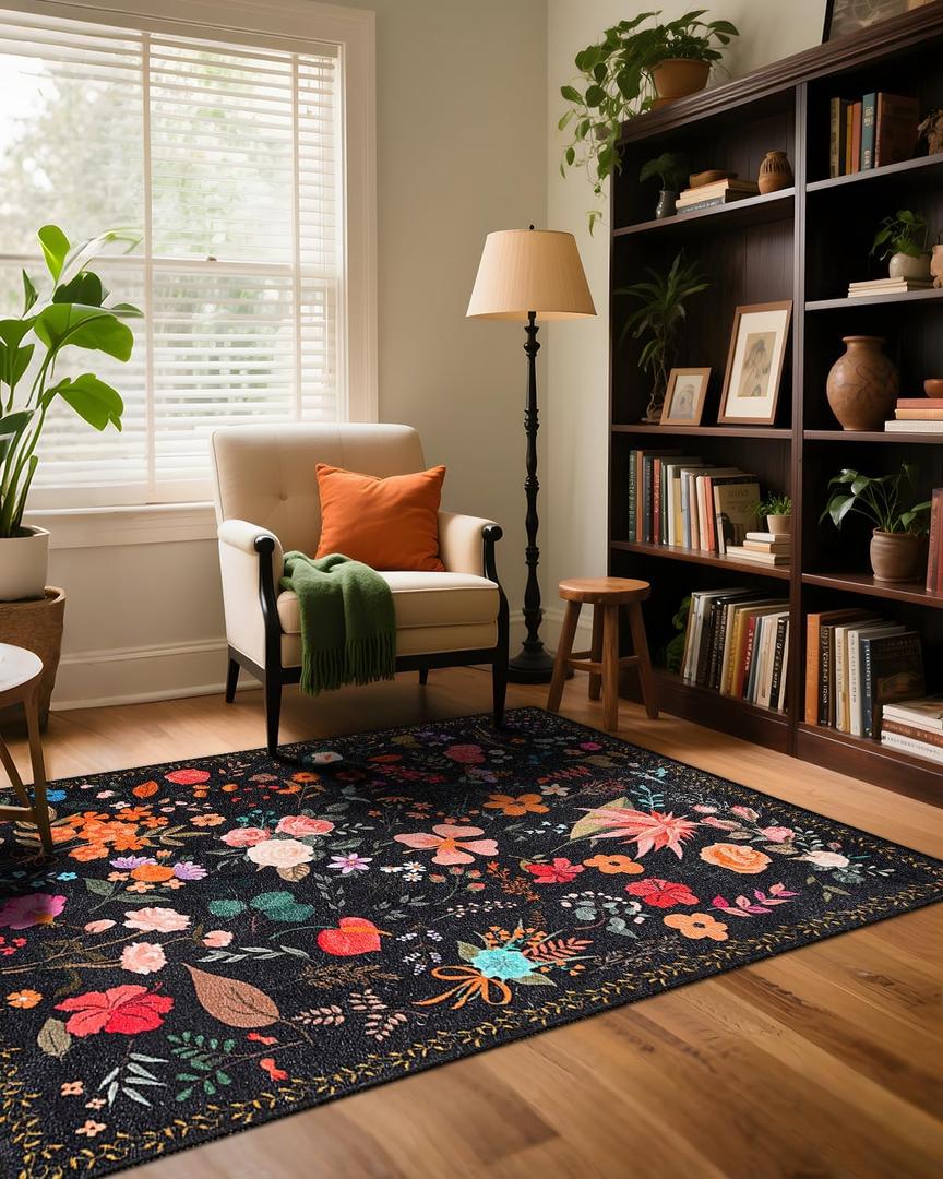 Boho Washable Area Rug 4x6  Floral Low Pile Non-Slip Carpet for Living Room, Bedroom, Office, Playroom, Entryway, Kitchen, Dining Room (Black)
