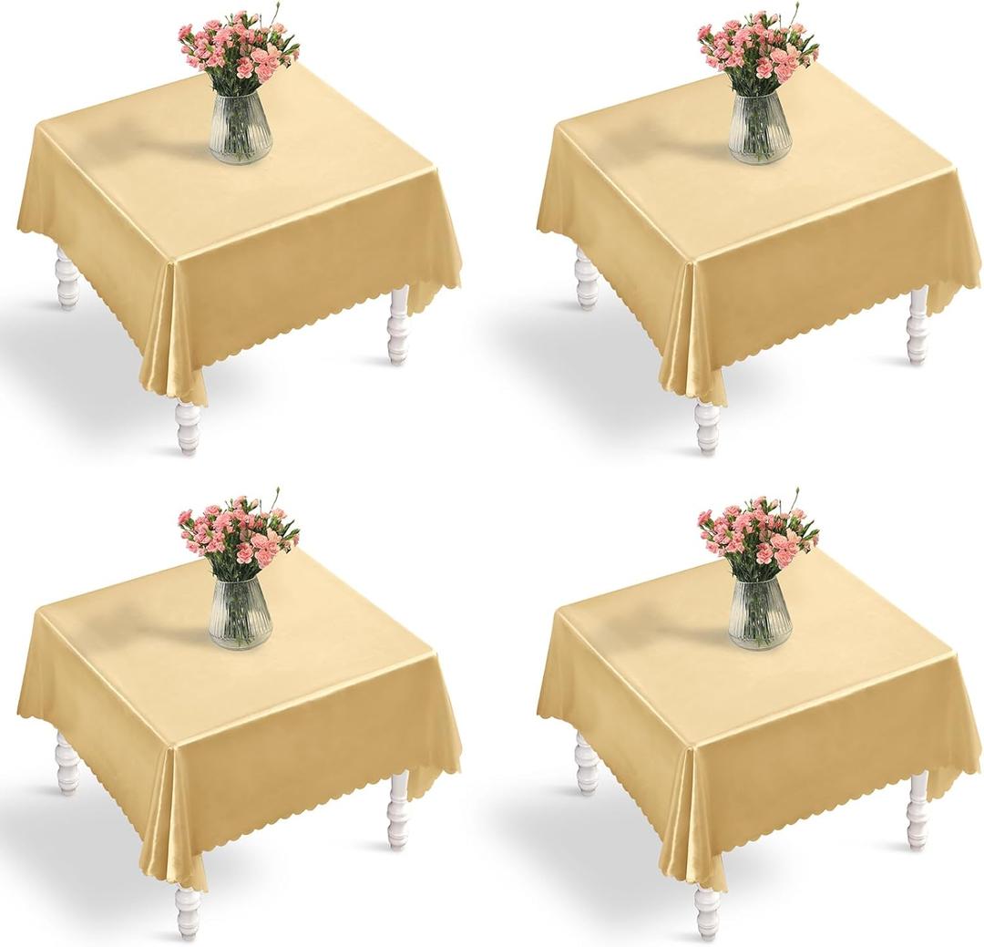 Entisn 4 Pack Gold Satin Tablecloth 54 x 54 Inches Table Cloth, Square Silky Tablecloth Smooth Table Cover Decoration for Wedding Party Holiday Dinner
