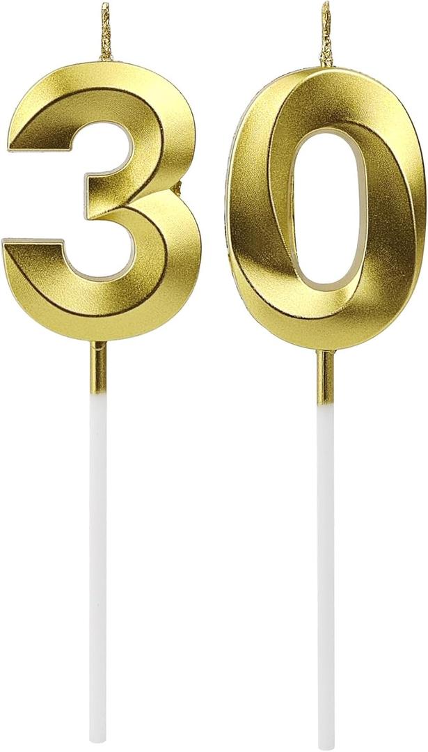 30th Birthday Candles for Cake, Number Candles Decoration, Gold Birthday Cake Toppers for Men Women Anniversary Celebration (30th, Gold)
