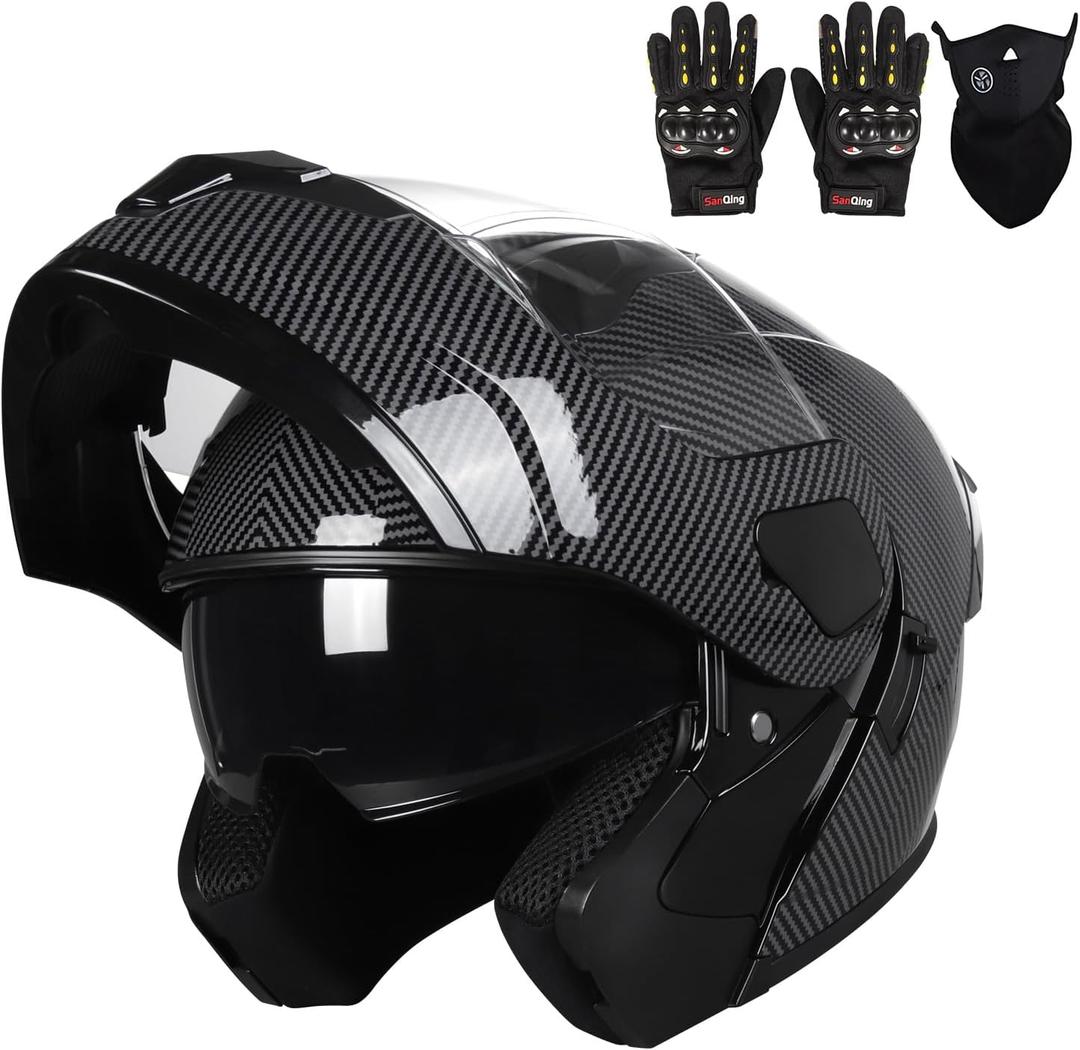Adult Modular Motorcycle Helmets, DOT Approved Flip up Dual Visor Full Face Helmet for Men Women Moto ATV UTV Snowmobile ADV Four Wheeler Street Bike with Gloves & Mask (Wilderness Black, M)