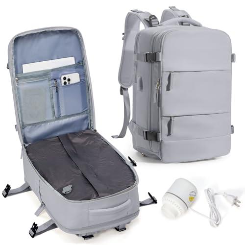 vivatote Vacuum Compression Travel Backpack with Pump, Travel Vacuum Bags Flight Approved Waterproof Personal Item Carry on Backpacks with Shoe Compartment/17inch Laptop Compartment/USB Port, Grey