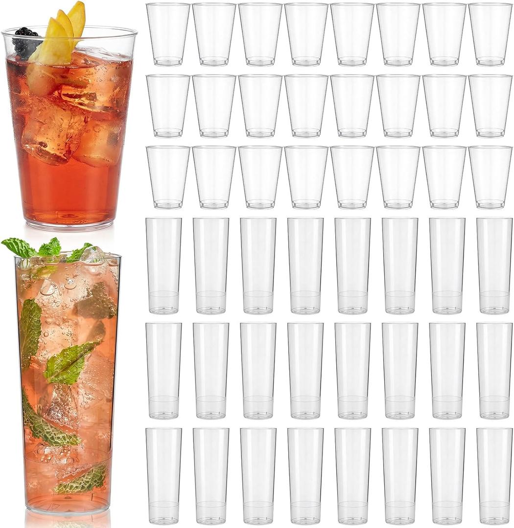 48 Packs Clear Plastic Drinking Glasses Set 10oz Hard Plastic Highball Drinking Glasses & 8 oz Water Cups Collins Whiskey Cups Smoothie Tumbler Drinkware for Iced Coffee, Beer, Cocktail