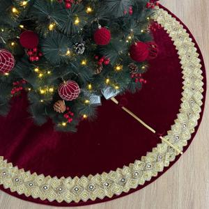 60-Inch Venetian Gilded Velvet Christmas Tree Skirt with Gold Embellished Border, Foam-Padded, Button Closure, Burgundy