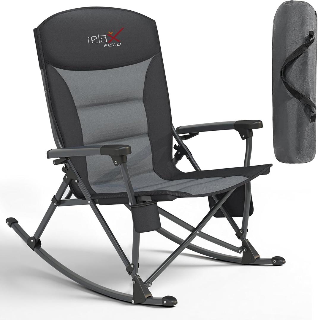 Rocking Camping Chair for Adults, Portable Chairs with Cup Holder and Side Pocket, Outdoor Folding Rocker Chair (Black)