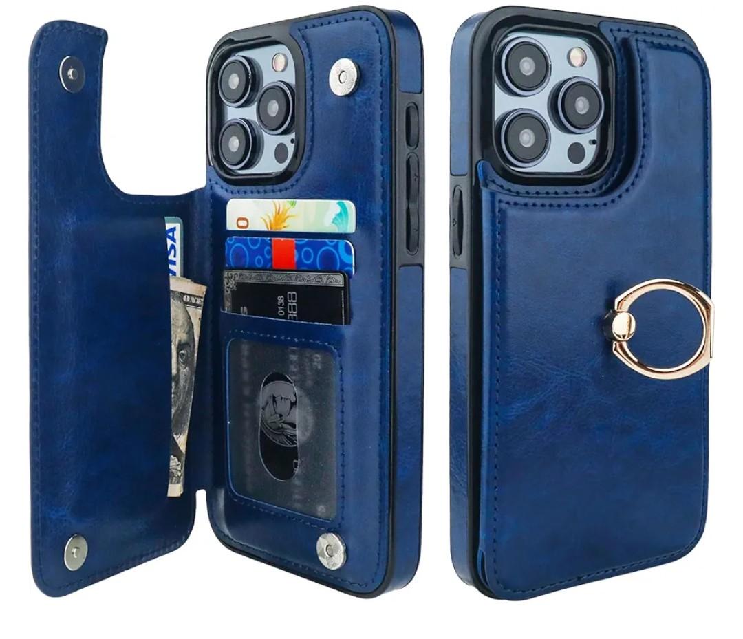 ONETOP for iPhone 15 Pro Max Wallet Case with Card Holder, 360° Rotation Ring Kickstand RFID Blocking PU Leather Double Magnetic Clasp Shockproof Cover for Women and Girls 6.7 Inch (Blue)