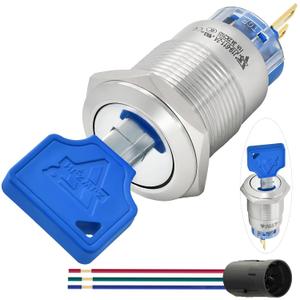 19mm 3/4" Key Switch Rotary Switch On/Off Metal Key Lock Switch Lock Maintained Latching with Wire (19MM 2 Position 1NO1NC)