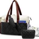 Gym Bag for Women with Shoe Compartment, 2-PC Lightweight Puffer Weekender Duffle with Wet Pocket, Quilted Carry on Travel Bag for Overnight Dance Hospital, Water Resistant, Brown