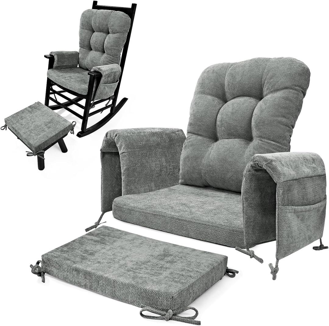 5 PCS Glider Rocker Replacement Cushions with Storage Side Pocket, Luxuriy Chenille Fabric Foam & Microfiber Filling, Thickened & Supportive Rocking Chair Cushion Set, Light Grey