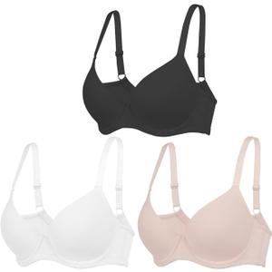 3Pcs Set Everyday Bra for Women T-Shirt Push Up Underwear with Support Anti-Sag Causal Comfortable Lingerie, Size 38C
