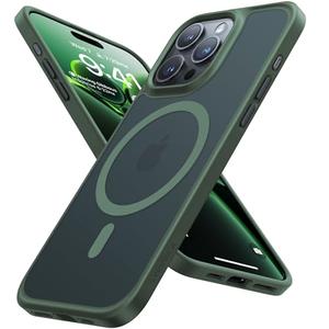 TORRAS Magnetic Shockproof for iPhone 15 Pro Case, [Military-Grade Drop Tested][Compatible with MagSafe] Translucent Hard PC Back with Silicone Slim Protective Cover Anti-Fingerprint, Green