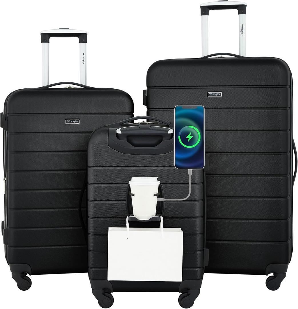 Wrangler Smart Luggage Set with Cup Holder and USB Port, Black, 3 Piece Set