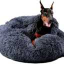 Himax Dog Beds for Large Dogs, Donut Dogs Beds with Blanket Attached, Calming Dog Bed Washable (20"/26"/35") Grey