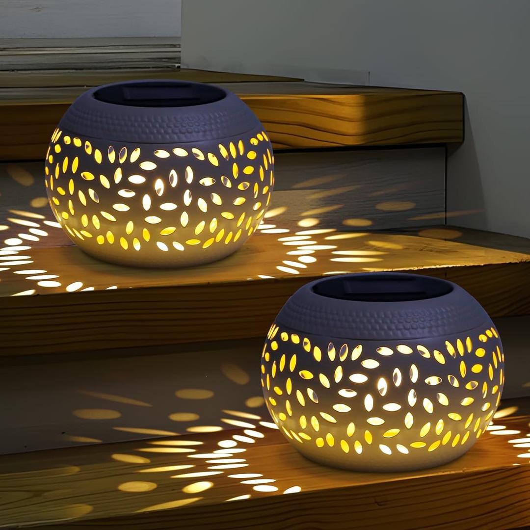 Solar Lanterns Outdoor Table Lights,2 Pack Waterproof Decor,Hollow Out Retro White Metal Patio Lights Gifts for Women Mom Yard Porch Garden Balcony Indoor Tabletop Decorations