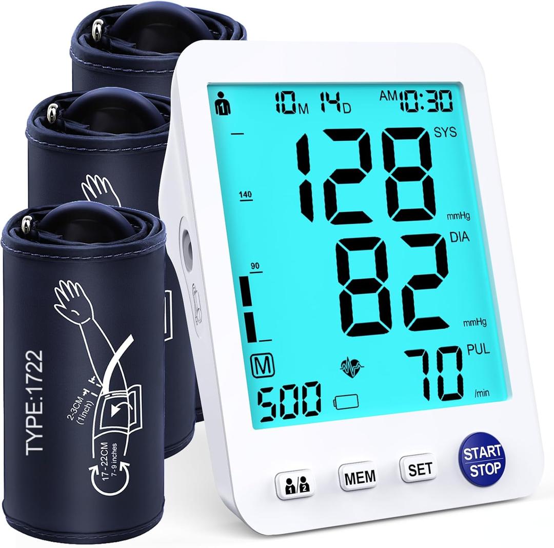 Upper Arm Electronic Blood Pressure Monitor 3 Size Cuffs(S,M/L,XL),Small 7-9",Medium/Large 9-17" and Extra Large Cuff 13-21" Adjustable Blood Pressure Cuff Large LCD Display with Battery & USB Cable