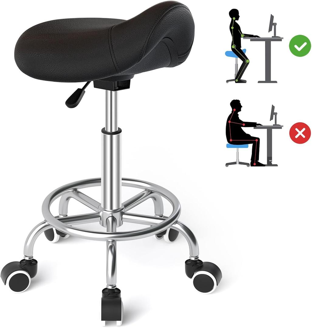 YEEZEE Saddle Stool Ergonomic- Comfortable Rolling Saddle Stool with Wide Thick Saddle Seat Padding, Swivel Adjustable Saddle Chair with Wheels and Ring Pedal for Medical Massage Salon (Dark Black), 15" x 16" x 21"
