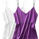 Ekouaer Satin Tank Tops for Women Silk Camisole Tops 2 Pack V Neck Spaghetti Strap Blouse Soft Dressy Shirt White/Purple X-Large