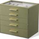 Jewelry Box Organizer Case for Women: 5-Layer Jewelry Storage Case with Glass Window, Olive Green Leather with Cream Velvet, Holder for Ring Necklace Bracelet Brooch Watch, Great Gift for Her