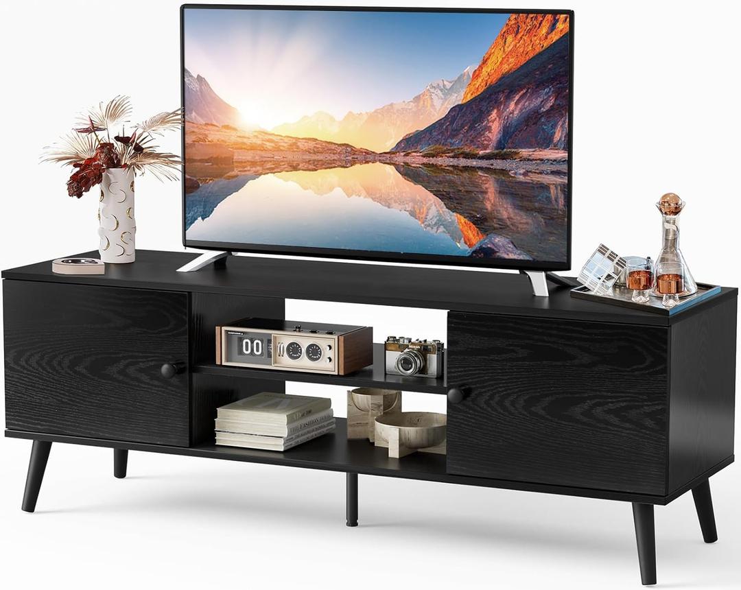 Sweetcrispy TV Stand for 55 60 inch TV, Modern Mid Century Entertainment Center with Storage, Media Console Table 2 Cabinet, Soft Hinge, Handle Door, Wooden Living Room, Office Furniture, Pure Black (53.54 x 15.75 x 18.9 inches)