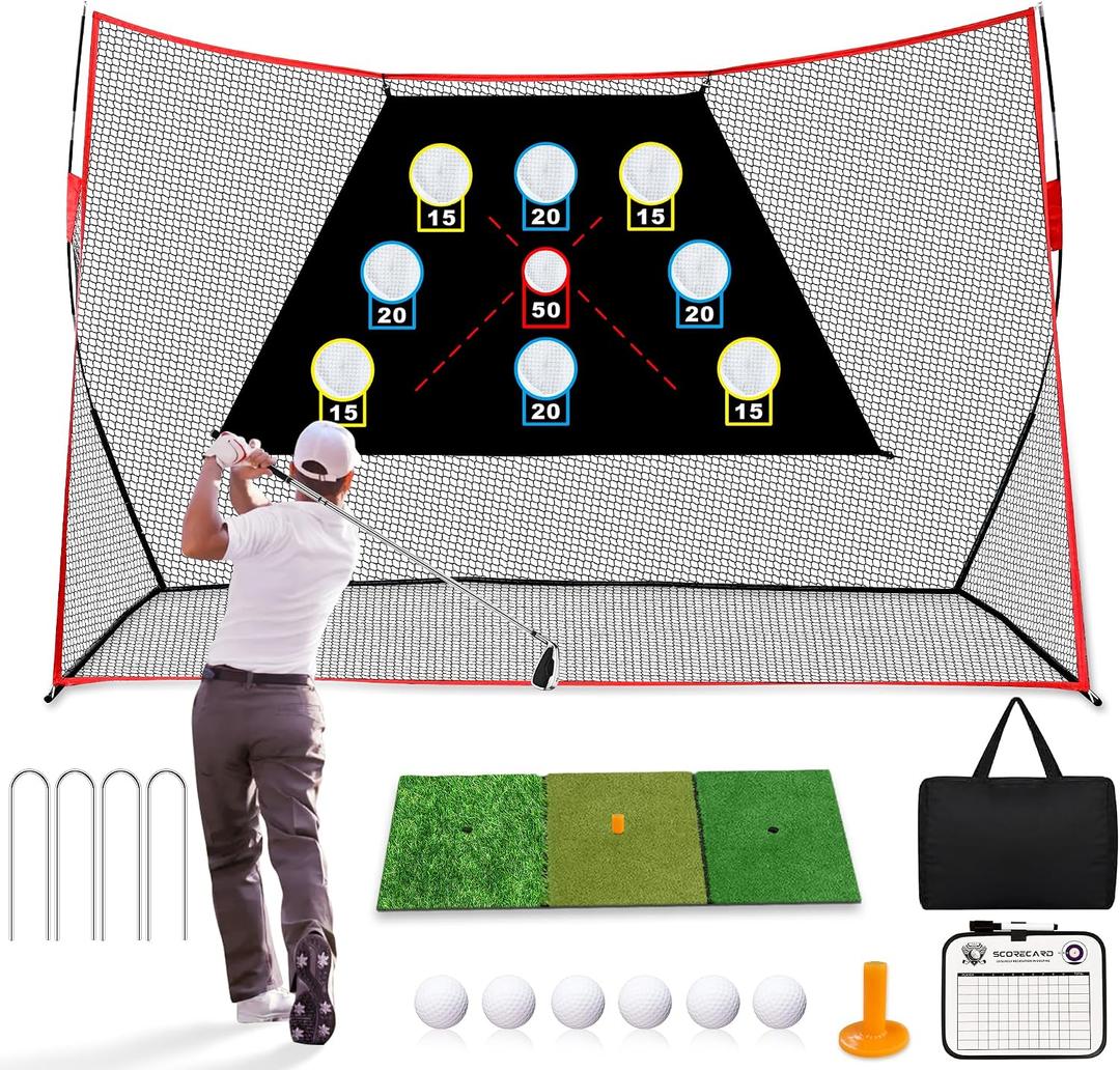 Professional Golf Net, 10x7Ft Golf Practice Hitting Net with Scoring Target Cloth, Tri-Turf Mat, Balls, Tee, Carring Bag, Scorecard, Portable Hitting Nets for Backyard Traning Chipping Indoor Outdoor