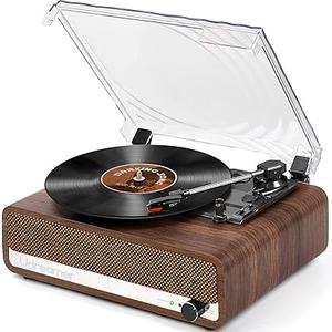 Vinyl Record Player with Speakers,3 Speed Turntable with Bluetooth, Aux, Headphone Jack, RCA Output and Auto Stop,Mirror Vintage Wooden (Walnut)