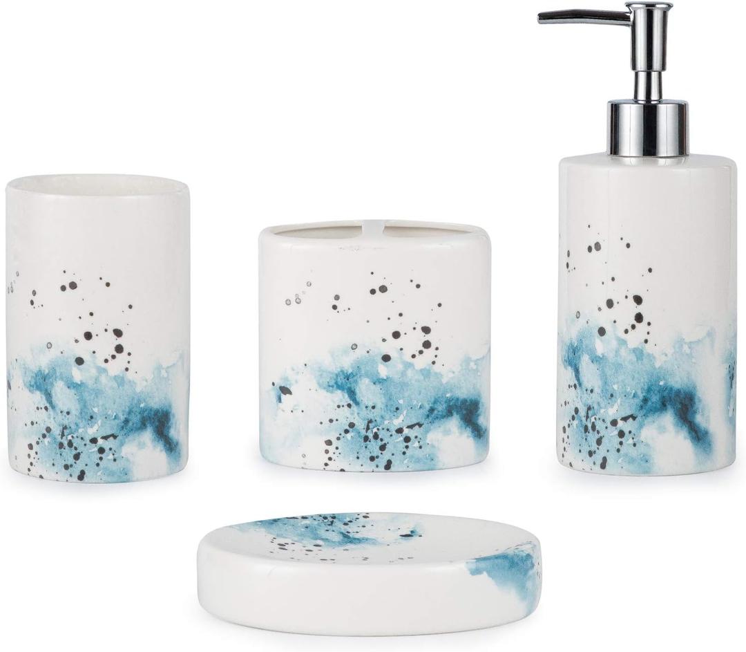 Ceramic 4-Piece Bathroom Accessories Set Complete Hand Paint Bath Countertop Accessory Soap Dispenser Set