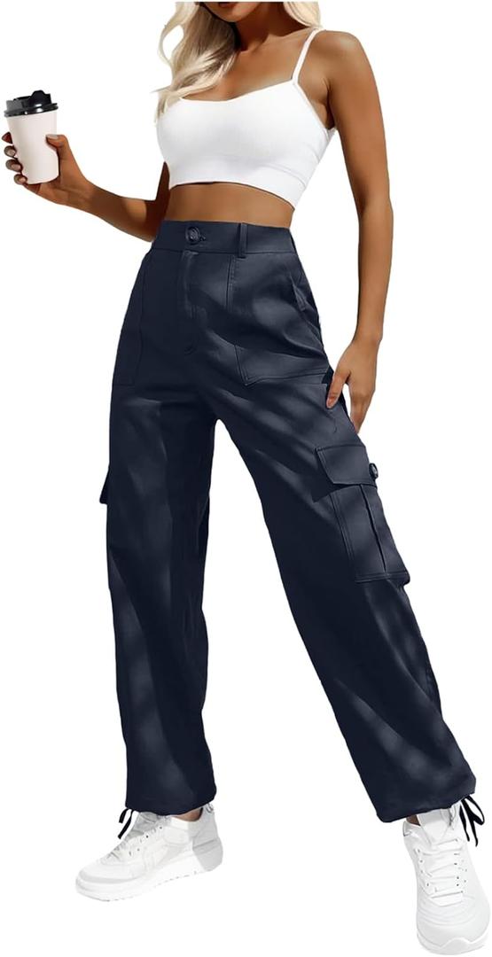 Lepunuo Women's High Waisted Cargo Pants Travel Y2K Streetwear Baggy Stretchy Pants with 6 Pockets Drawstring Ankle Cuffs (Large, Navy Blue)
