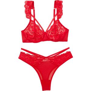 Avidlove Lace Scallop Lingerie Set for Women Wireless Strappy Ruffle Bra and Panty Sets (Red, L)