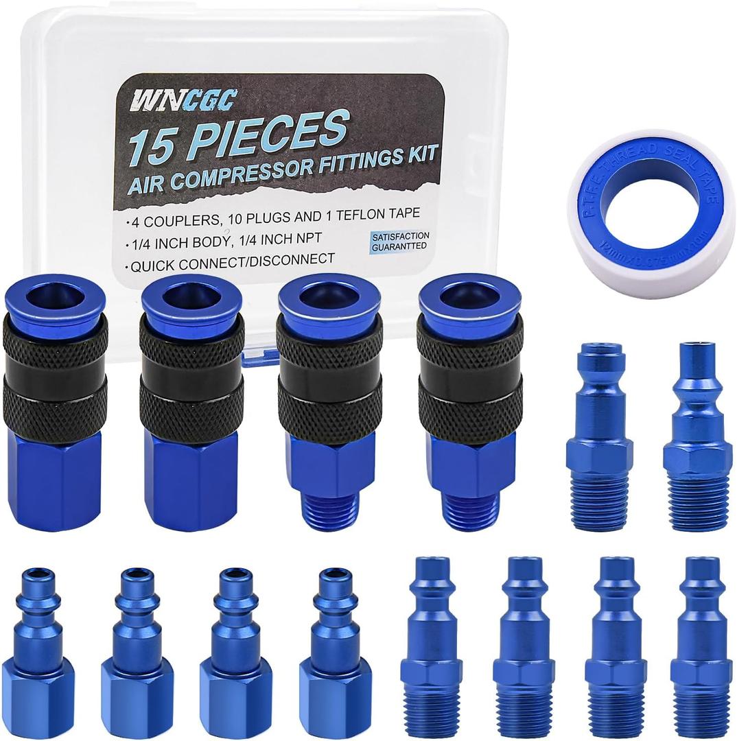 15 Pieces Air Compressor Hose Fitting Kit, 1/4" Universal Air Coupler and Industrial Air Plug Kit Quick Connect Air Fittings with Storage Case (Blue)