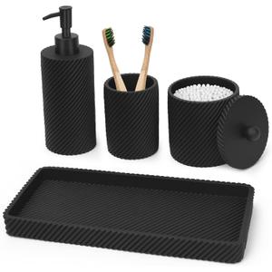 Black Bathroom Accessories Set 4 Pcs - Toothbrush Holder, Lotion Soap Dispenser, Qtip Holder Dispenser, Vanity Tray for Countertop Vanity Organizer, Bathroom Accessory Set