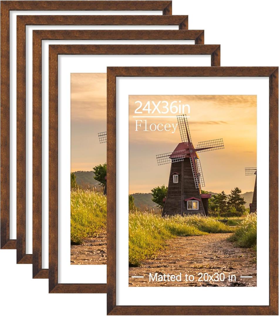 24x36 Picture Frame Set of 5, Rustic Brown Poster Frame, Display Pictures 20 x 30 with Mat or 24 x 36 Without Mat for Horizontal or Vertical Wall Mounting, Wall Gallery Frame for Artwork