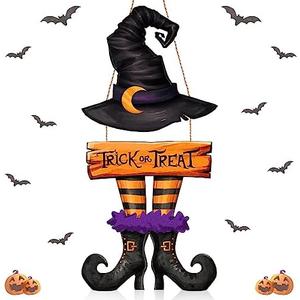 BBTO Halloween Door Sign Witch Wreath Decorations Trick or Treat Wooden Hanging Decorations Halloween Porch Sign for Farmhouse Front Door Hanger Porch Wall Decor