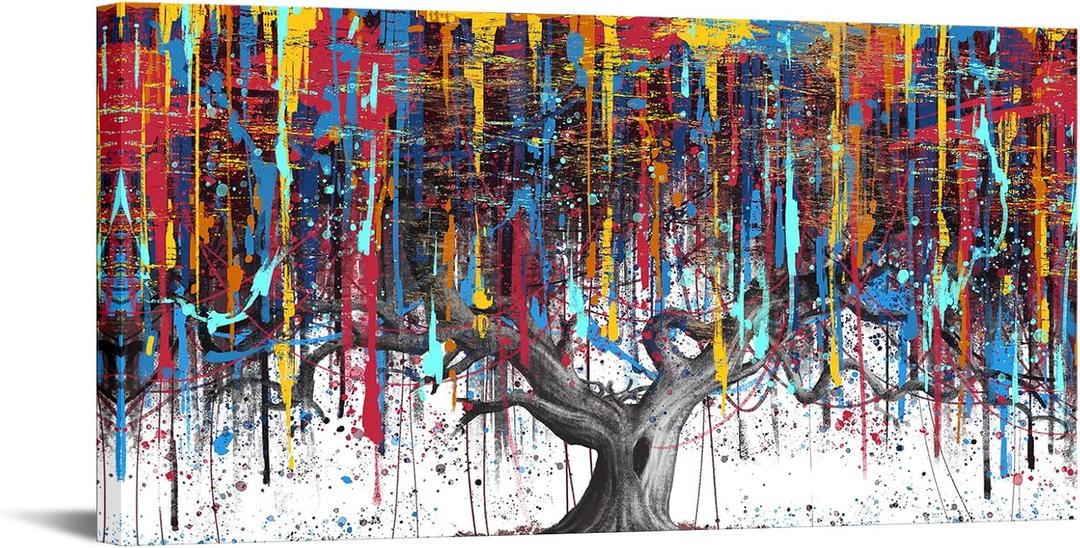 Abstract Colorful Tree of Life Painting Canvas Wall Art Big Tree Branches Picture Poster Prints for Living Room Home Decor Wrapped Ready to Hang 20x40Inch