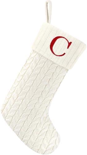 Paulmele 20 Inches Christmas Stockings with Initials, Knit Embroidered Letter White Christmas Stocking, Monogram Christmas Stocking for Famliy Holiday and Xmas Tree Fireplace (Letter C)