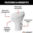 Lippert Flow Max RV Toilet with Elongated Ceramic Bowl, 18" Standard Profile, Full-Size Residential Seat, Easy-Close Lid, Efficient Flush - 2022113192
