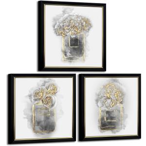 HOMEOART Gold Grey Bathroom Wall Decor Picture Elegant Flower Painting, with Black Gold Frame, Ready to Hang 12x12inchx3Pieces