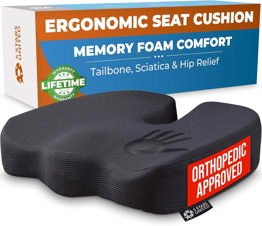 5 STARS UNITED Seat Cushion for Tailbone Pain Relief  Memory Foam Lifting Pillow for Coccyx, Hip, Hemorrhoid, Sciatica & Post-Surgery Recovery  Wheelchair, Car, Desk, Gaming & Office Chairs, Black (Standard)