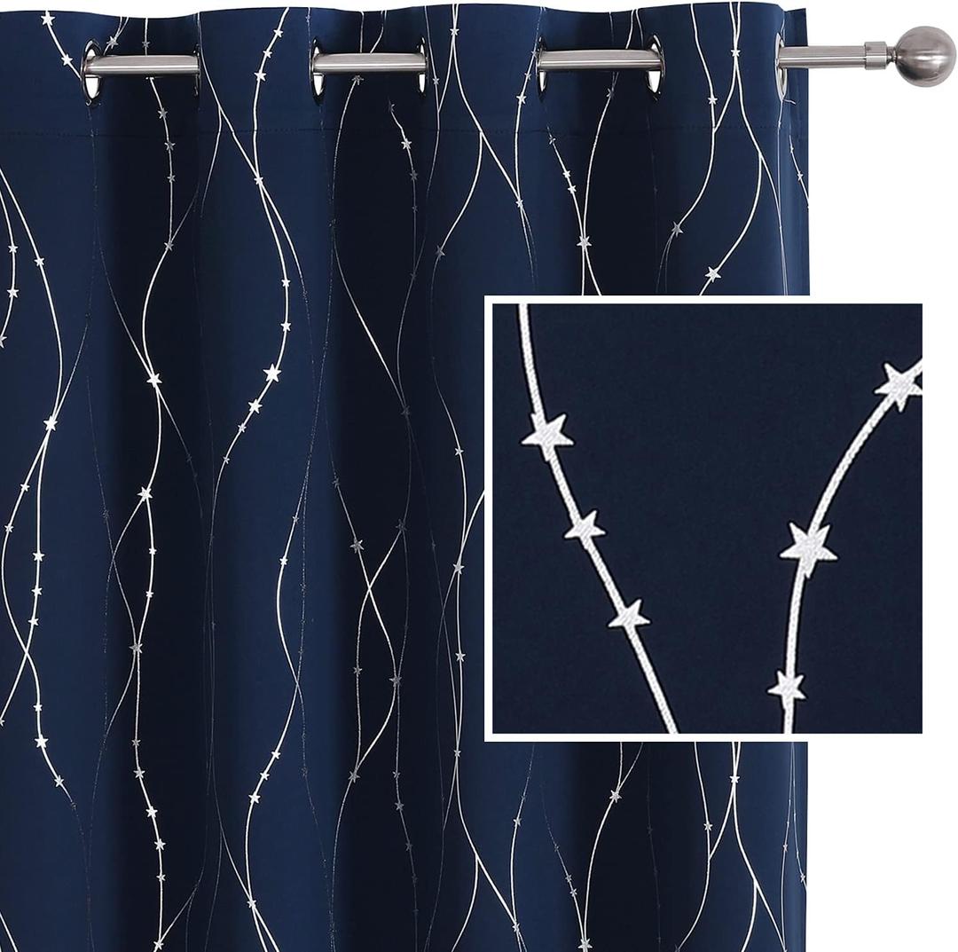 SMILE WEAVER Navy Blackout Curtains for Kids Bedroom 84 Inch Length,Printed Design Room Darkening Curtains for Living Room,Soft Thick Thermal Insulated Window Treatment Drapes 2 Panels (Navy Blue Silver)